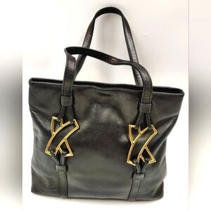 Paloma Picasso Vintage Black Leather Tote Bag Purse   w/Gold Accents